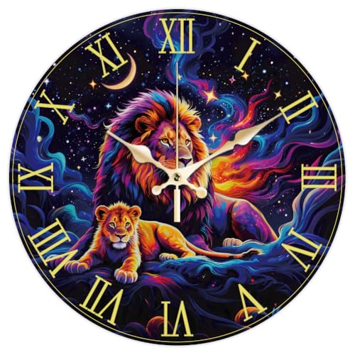 CHGCRAFT Lion Wall Clock 12 Inch Starry Sky Clock Battery Operated Silent Non Ticking Moon Round Decorative Clocks for Home Office Decoration