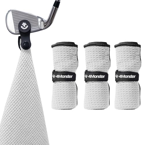 4Monster Golf Towels 3-Pack with Detachable Magnet and Portable Pouch, Quick-Dry Microfiber Golf Towel Set for Golf Bags,Custom Towel Gifts for Men or Women (3, White)