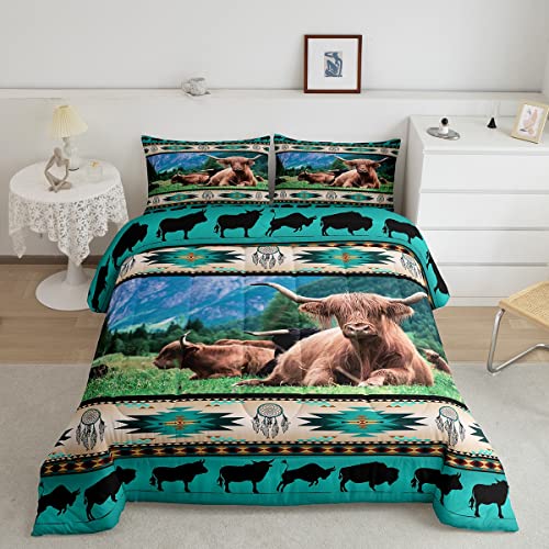Highland Cow Comforter Set Ethnic Tribe Arrow Longhorn Bull Cattle Bedding Set,Cowgirl Farm Animals Duvet Insert Exotic Nordic Style Dream Catcher Quilt Queen,African Tribal Geometry Room Decor #TOP28