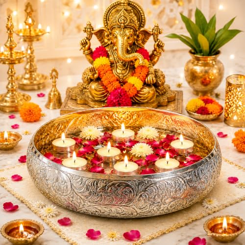 Image of TIED RIBBONS Urli Bowl (Aluminium, 9.8 Inch X 3.4 Inch) - Home Decoration Items for Ganesh Chaturthi Living Room Pooja Room Uruli Bowls Aesthetic Decorative Items for Home Decor - House Warming Gifts