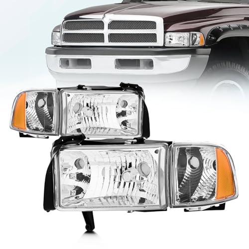 QLLUYTR Headlight Assembly for 1994-2001 RAM 1500 & 1994-2002 Dodge RAM 2500 3500 Fit Non-Sport Models Only Driver & Passenger Side Chrome Housing OE Replacement (No Bulbs)