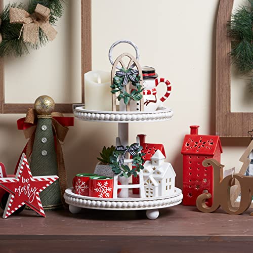 Genmous & Co. Rustic Wood Beaded 2 Tiered Tray Stand For Farmhouse Kitchen Table Decor, Rustic White Two Tiered Serving Tray For Food Fruits Cupcakes Display Coffee Bar Home Party Seasonal Decorations #TOP5