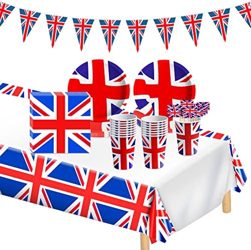 SelfTek Union Jack Party Supplies Tableware Set, Union Jack Bunting Flag Table Cloth Paper Plates Paper Cups Napkins Picks for 16 Guests, Queens Platinum Jubilee 2022 Royal Party Decoration