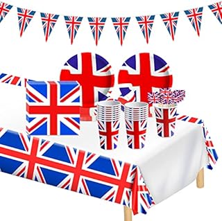 SelfTek Union Jack Party Supplies Tableware Set, Union Jack Bunting Flag Table Cloth Paper Plates Paper Cups Napkins Picks for 16 Guests, Queens Platinum Jubilee 2022 Royal Party Decoration