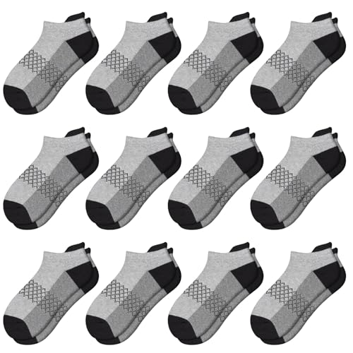 12 Pairs Boys Socks - 4-6, 6-8, 8-10 Years Old - Ankle Athletic Low Cut Socks - Half Cushioned Cotton