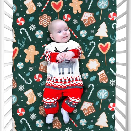 Image of JISEN Christmas Crib Sheet Gingerbread Fitted Crib Sheet for Boys Girls Crib Mattress Cover Baby Sheet for Standard Crib and Toddler Mattress Soft Breathable Baby Bed Sheet for Neutral 52x28 Inch