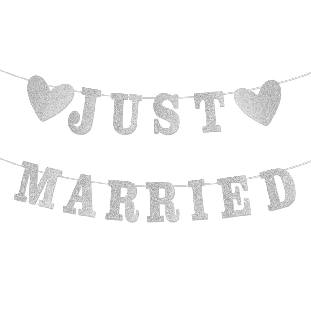 "JUST MARRIED" Glitter Banner - Premium Wedding Decorations with Silver Shimmer Letters, Waterproof Bridal Sign for Reception, Photo Backdrop & Newlywed Party Decor (DIY Hanging)