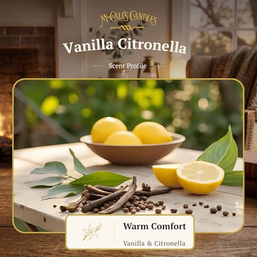 Image of McCall's Candles | Vanilla Citronella | 16 oz Two-Wick Scented Candle | USA-Poured | Vintage Mason Jar with Carrying Handle | Outdoor Patio Candle with Fresh Vanilla & Citrus