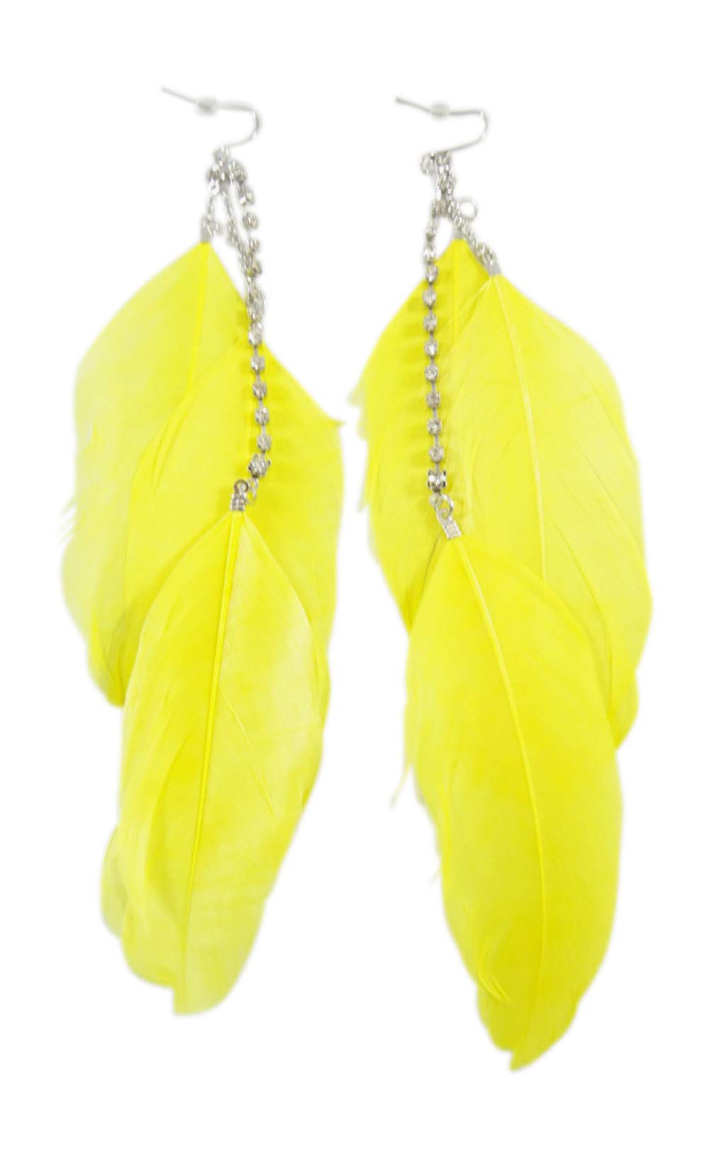 New Pair of Bright Yellow Three Feather Earrings with Rinestones