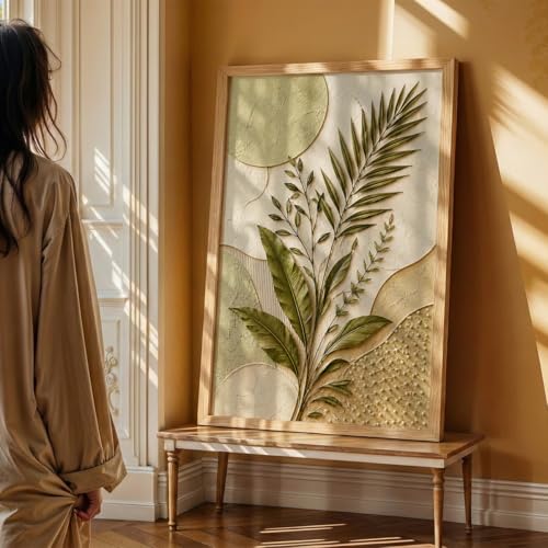 Image of NoWorries 3D Botanical Leaf Wall Painting with Frame Set of 1 | Premium Textured Green Palm Leaf Artwork, Modern Nature Wall Decor for Living Room, Bedroom, Office and Home Decoration (3d Art-4,17x25inch)