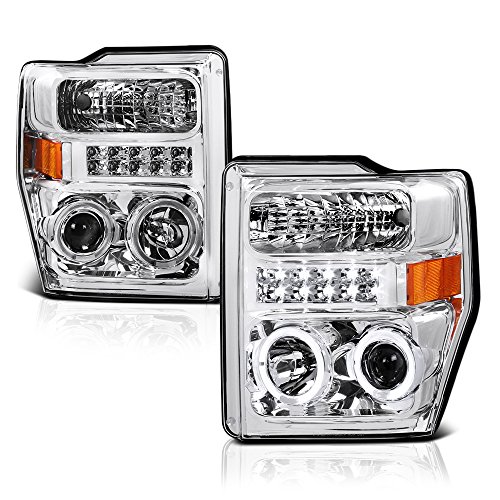 VIPMOTOZ LED Halo Ring Chrome Housing Projector Headlight Assembly For 2008-2010 Ford Superduty F-250 F-350 F-450 Pickup Truck, Driver & Passenger Side