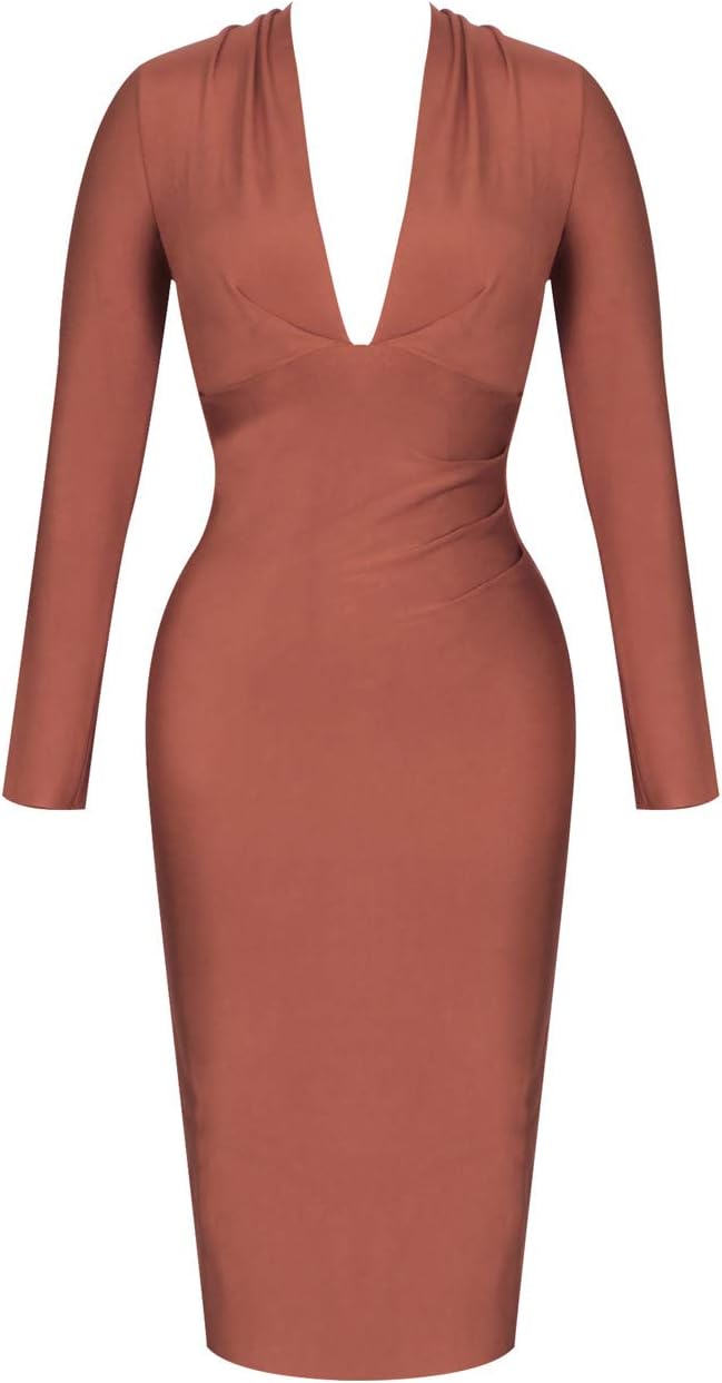 UONBOX Women's Deep Plunge V Neck Long Sleeves Draped Knee Length Bodycon Bandage Dress - Image 4