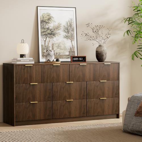 Image of Furniway Walnut 10 Drawer Dresser for Bedroom, 63 inch Wide Fluted Wood Dresser