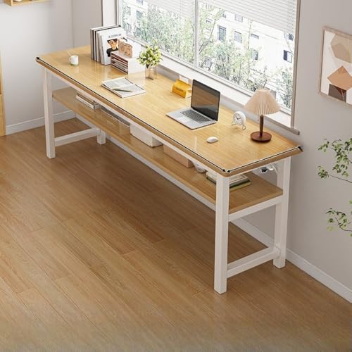 Emidor オフィスデスク 作業台 木製天板 ホワイトフレーム 長テーブル 会議机 学習デスク 在宅勤務 勉強机 二層収納 拡張デスクトップ 省スペース 組立簡単 頑丈 安定構造 防汚 耐傷 モダンシンプル 書斎 バルコニー用(ホワイト,140cm) (