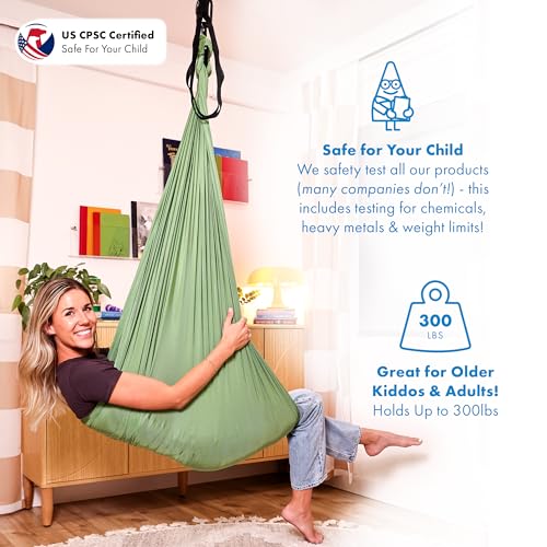 Harkla Sensory Swing for Kids & Adults - Holds 300lbs, Indoor Outdoor Sensory Swing for Hug Like Calming Effect - Durable Soft Stretch Fabric and Heavy Duty Hardware (Green, 100\" Swing + No Swivel)
