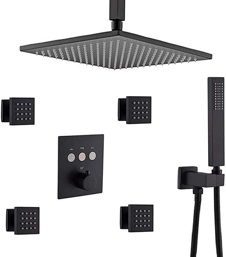 DASHADAO Shower System, Thermostatic Matte Black Brass Shower Faucet Complete Shower Kit with 10 Inch Ceiling Rain Head and 4 PCS Body Sprayer, Shower Set
