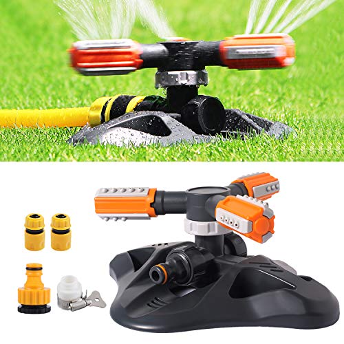Cobiz - Aspersor de jardín, 3 boquillas para césped, sistema de rociador de agua giratorio de 360 ° automático, para jardín, patio y césped.