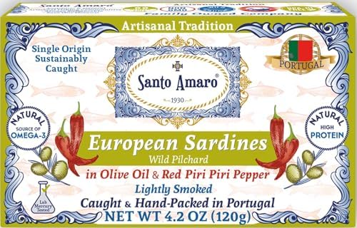 Authentic European Sardines in Olive Oil & Red Piri Piri, Pepper, Hand-Packed Canned Sardines in Spicy Olive Oil, Wild Caught Portuguese Sardines, Lightly Smoked, 21g Protein, Low Mercury, Pack of 12