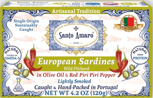Santo Amaro - Authentic European Sardines in Olive Oil & Red Piri Piri, Pepper, Hand-Packed Canned Sardines in Spicy Olive Oil, Wild Caught Portuguese Sardines, Lightly Smoked, 21g Protein, Low Mercury, Pack of 12