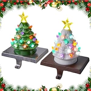 Ceramic Christmas Stocking Holders with LED - Green and White Set of 2 for Mantle & Window Ceramic Christmas Stocking Holders with LED Green and White Set of 2 for Mantle Window