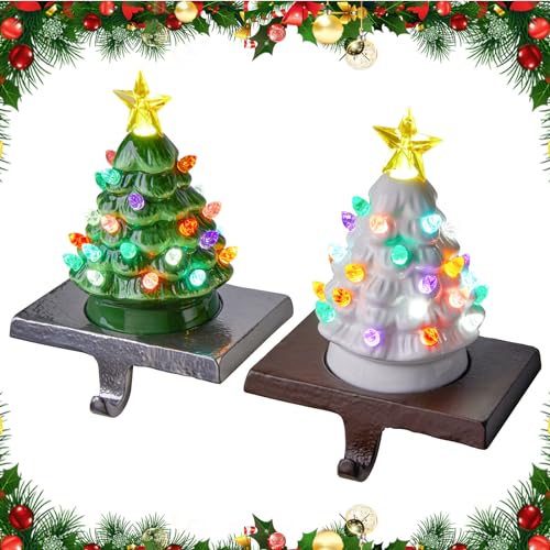 Ceramic-Christmas-Stocking-Holders-with-LED-Green-and-White-Set-of-2-for-Mantle-Window Ceramic Christmas Stocking Holders with LED Green and White Set of 2 for Mantle Window