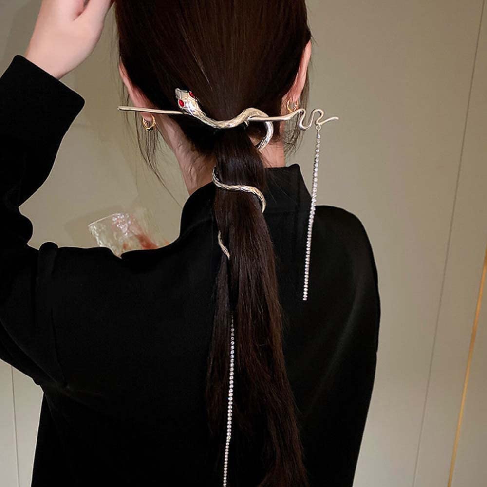 Silvery Snake Hair Sticks Hair Chopsticks Tassels Metal Distortion Vintage Punk Hairpin Headwear Hairstyle Hair Accessories for Women