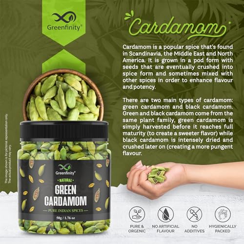 Image of GreenFinity Whole Green Cardamom (Elaichi) - 100g | 8 mm Bold Size | Premium Grade | Aromatic • Non-GMO • Fresh & Large Pods for Cooking, Baking & Tea [50g x 2]