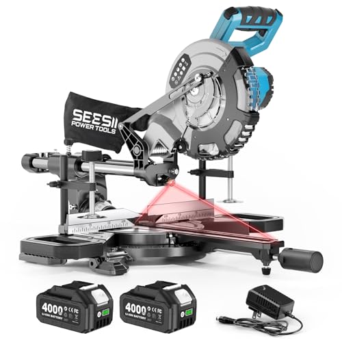 SEESII 卓上スライド丸のこ 刃径200mm 最大切断幅305mm 充電式 電動 スライド丸鋸 8インチ レーザー付き 卓上丸ノコ 4.0Ah大容量バッテリー2個 ブラシレスモーター 無段階変速 LED自動点灯 目盛付き 安全スイッチ 集塵袋付属 0-45度傾斜切断 左右各45度回転 日本語説明書付き