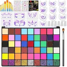 Professional Face Painting Kit for Kids and Adults 54 Color Water Activated Cosplay Makeup Kit, Non-Toxic Body Paint with Stencils, Gems, Brushes for Halloween FX, Bday Parties, School Event