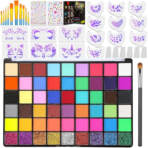 Professional Face Painting Kit for Kids and Adults – 54 Color Water Activated Cosplay Makeup Kit, Non-Toxic Body Paint with Stencils, Gems, Brushes– for Halloween FX, Bday Parties, School Event