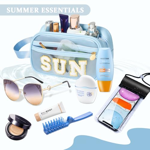 Image of COSHAYSOO Clear Sunscreen Bag Makeup Toiletries Pouch Beach Vacation Essentials Summer Travel Stuff Accessories Personalized Graduation Gifts for Her Women College Teen Girls Teacher Nurse Blue SUN