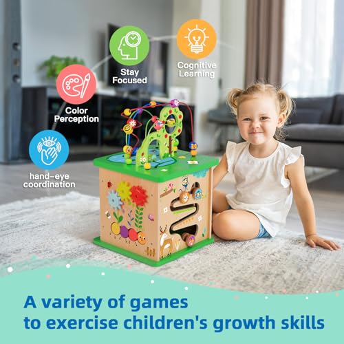 Image of TOOKYLAND 5 in 1 Activity Center, Wooden Large Activity Cube 23 inchX13 inchX13 inch
