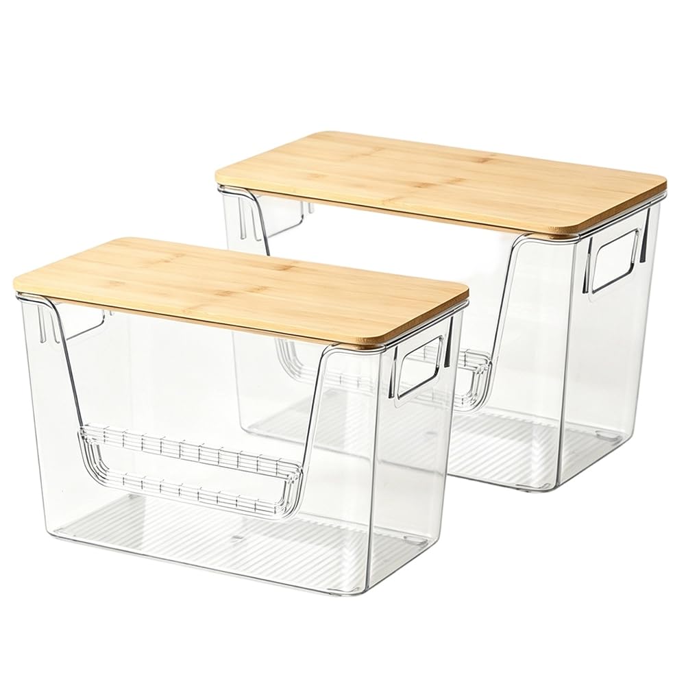 Aundhegrtt Stackable Kitchen Storage Set(2 Pieces), Clear Plastic Containers with Bamboo Lids- for Easy Access