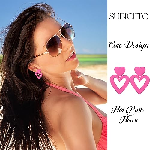 Subiceto 4 Pairs Clip Earrings for Women Hot Pink Heart Dangle Drop Earrings Rhinestone Geometric Statement Earrings Long Rose PetalTassel Earring Non Piercing Earrings Set2