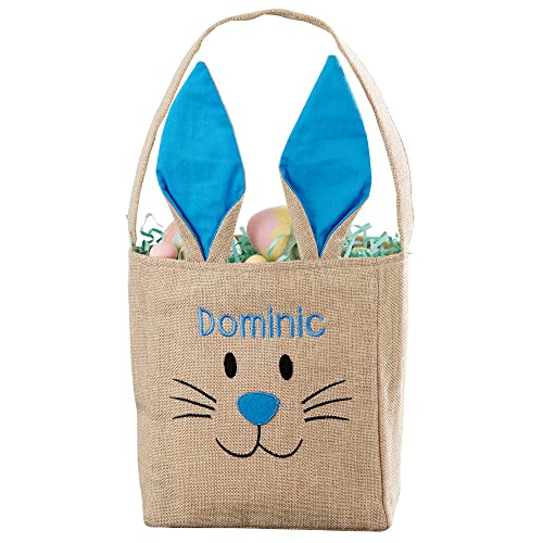 Personalization Universe Bunny Face Personalized Easter Treat Bag, Embroidered Burlap Easter Basket, Ideal for Easter Basket Stuffers, Blue & Pink Available, Easter Candy Bag with Bendable Ears- Blue