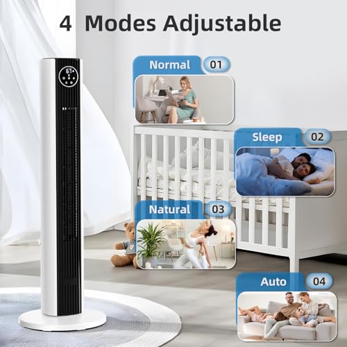 Image of Antarctic Star Tower Fan Portable Floor Fans 85Oscillating Fan Quiet Cooling 12H Timer Remote Control Standing Bladeless Electric 3 Wind Speeds 4 Modes Bedroom Office,36 inch, Black+White