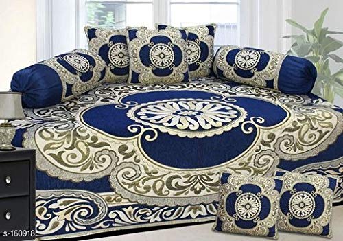 Bawli Booch Luxurious Chenille Velvet Patterns Diwan Set Covers 8 Pcs Set of 1 Bedsheet 2 Bolsters and 5 Cushion Covers (Royal Blue 2)