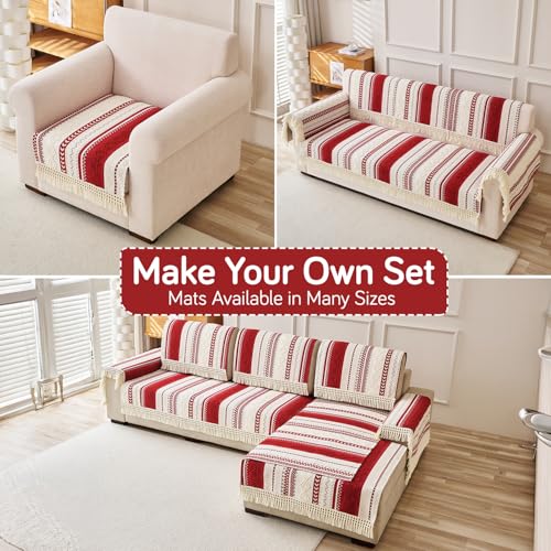 Image of HOKIPO Bohemian Jacquard Weave Sofa Cover Mat with Tassel for 1 /2 /3 Seater & L Shape Sofa | Anti-Slip DIY Sofa Cover Set | 'NordicTassel Series' | 90(W) x 170(L) cm | Ruby Cream (AR-6555-RED)