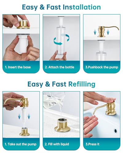 Image of Built in Deck Mount Liquid Lotion Kitchen Countertop Metal Soap Dispenser, Brushed Gold Brass Dispenser Pump with 500ml (17oz) High Capacity Bottle