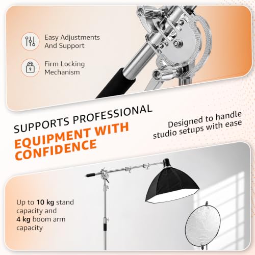Image of Amazon Basics Heavy Duty Light Boom C-Stand with 3.5ft Holding Arm & Grip Head, Multi Angle Adjustment, Spring Loaded Aluminium Rod, for Flashlights, Reflectors, Softboxes & Umbrellas