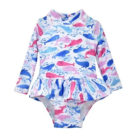 Flap Happy Baby Girl's UPF 50+ Alissa Infant Ruffle Rash Guard Swimsuit, Rosy Whales Cover