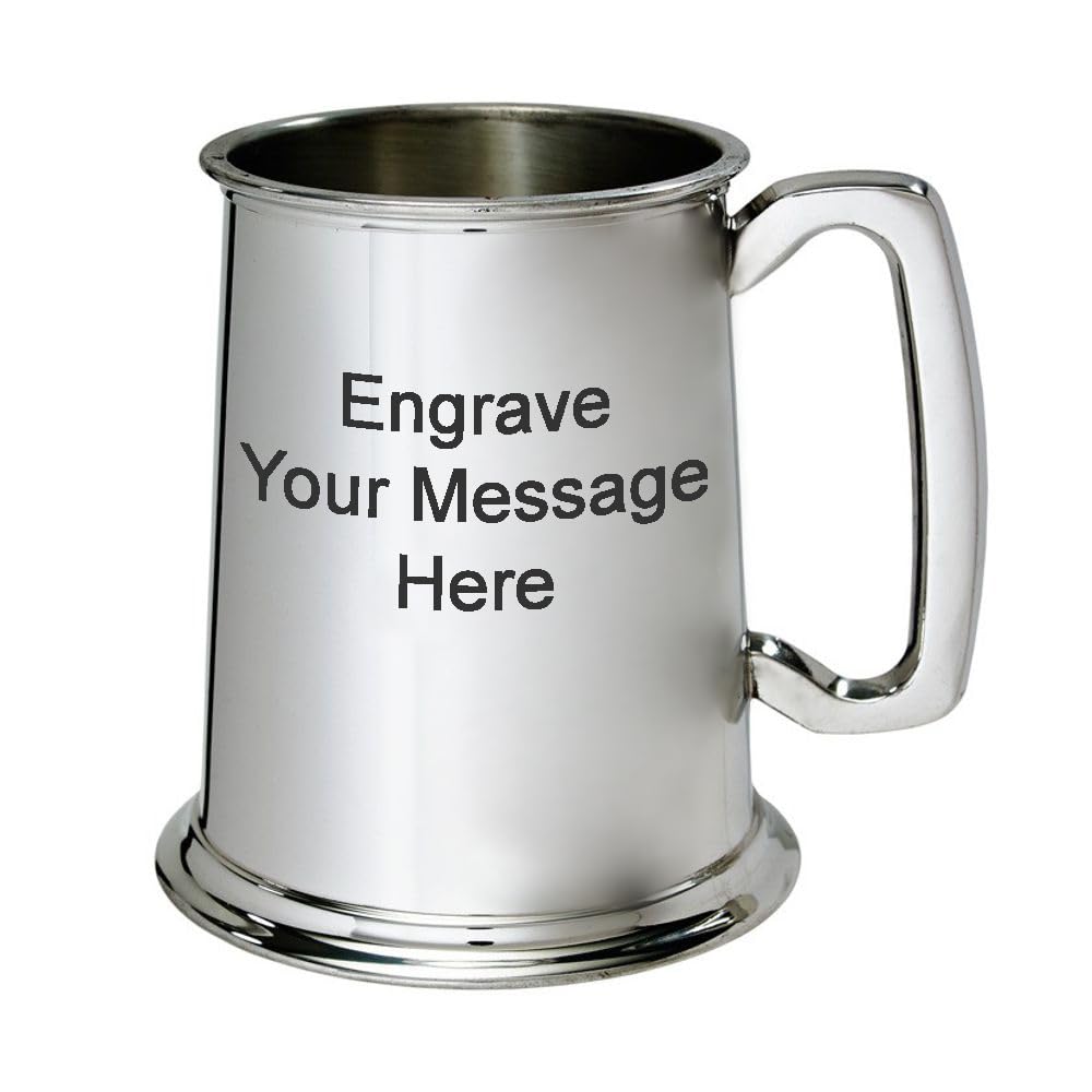 Edwin Blyde Personalised Pewter Tankard with Glass Base – 1 Pint, Handcrafted in Sheffield – Custom Engraved – Traditional Handle, Polished Finish