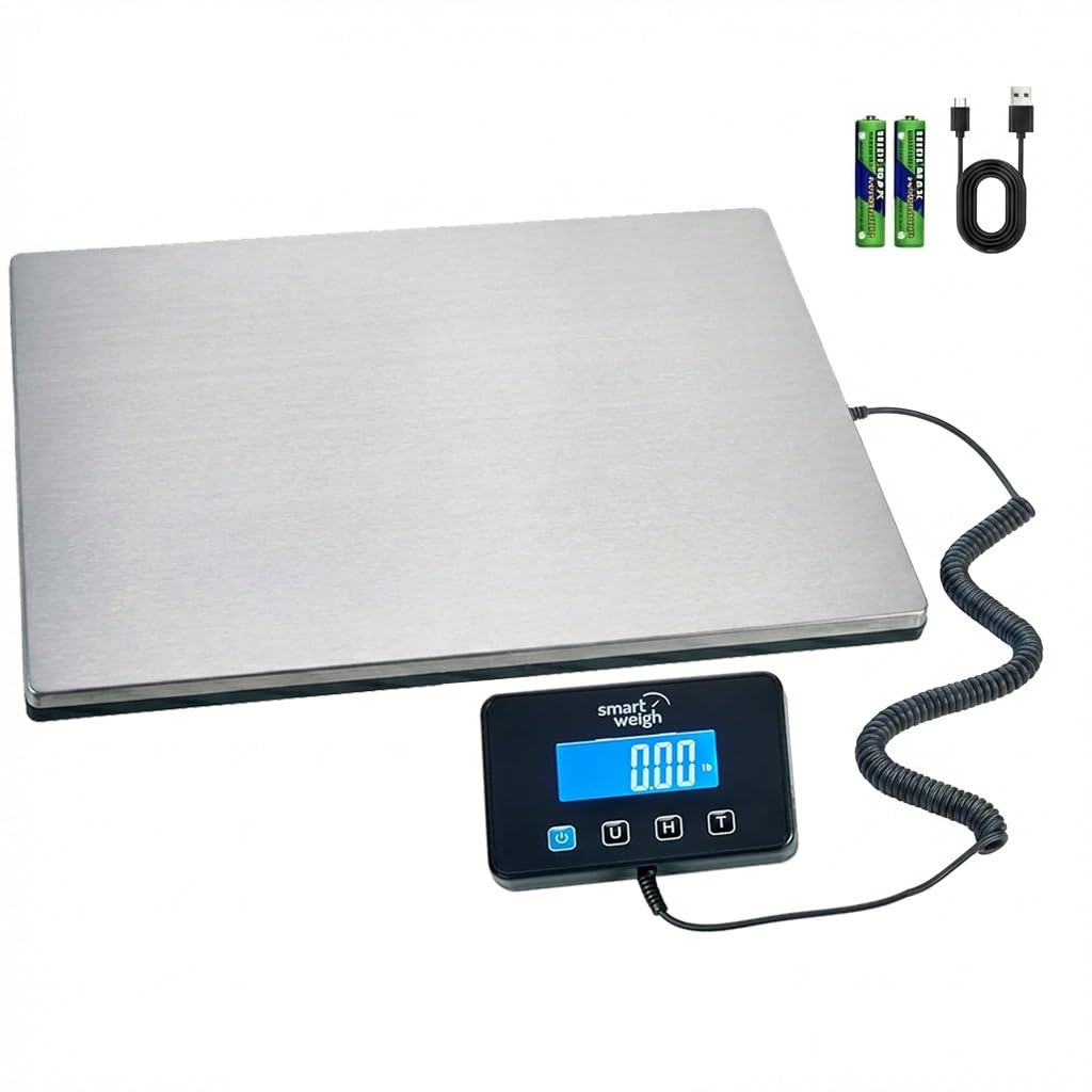 Smart Weigh Digital Postal Shipping Scale, Heavy Duty Wide Platform, 440 lb Capacity, 2 oz Readability, Hold & Tare Function, Includes Batteries & USB-C