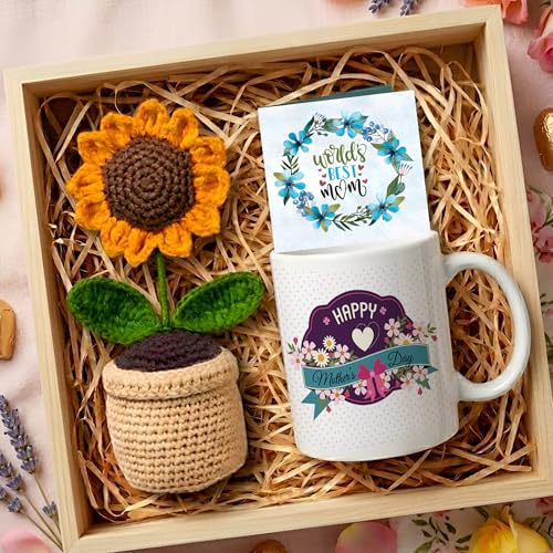 Image of TIED RIBBONS Gift for Mom, Birthday Gift for Mom Women Wife Mother in Law Mummy (Printed Ceramic Coffee Mug with Artificial Crochet Flower Bouquet & Greeting Card), 325 ML