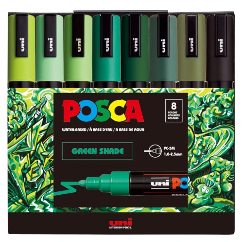 Image of POSCA PC-5M Water-Based Paint Markers, Medium Reversible Tip (1.8-2.5 mm), 8 Count Green Shade Colors