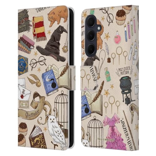 Head Case Designs Officially Licensed Harry Potter Hogwarts Pattern Deathly Hallows XXXVII Leather Wallet Case Compatible With Samsung Galaxy A35 5G