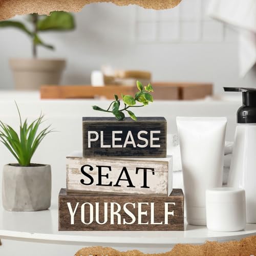 Image of Moucuny 4 Pcs Bathroom Shelf Decor Farmhouse Bathroom Decor and Accessories Please Seat Yourself Sign Rustic Eucalyptus Leaves Wood Block Sign Gift Home Table Centerpiece for Home Office