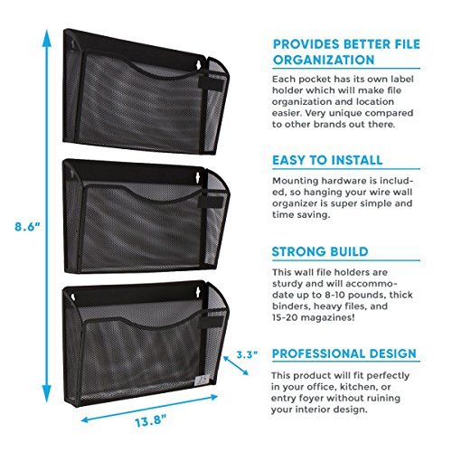 3 Pocket Wall Mount File Hanging Organizer, Metal Mesh Office Home Folder Binder Holder Magazine Mail Sorter Rack + Hardware, Black #TOP7
