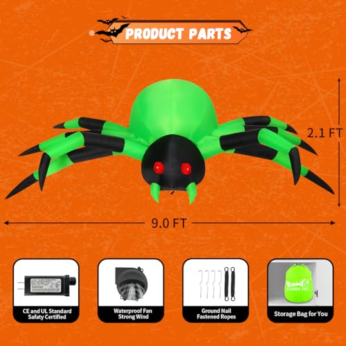 COMIN 9FT Halloween Inflatables Decorations Green Spider Yard LEDs Decor