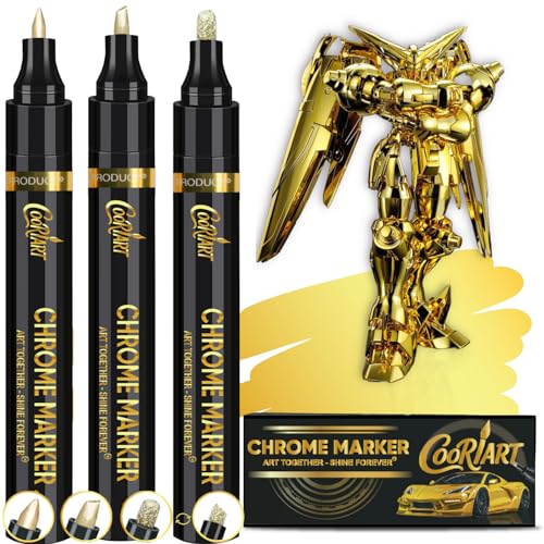 COORIART 3PK Permanent Mirror Chrome Gold Markers – Metallic Gold Paint Pens for Metal, Plastic, Fabric, Jewelry, Model Painting, Touch-Up and Repair Kit, Set of 3 Tips (0.7mm, 1mm, 3mm)